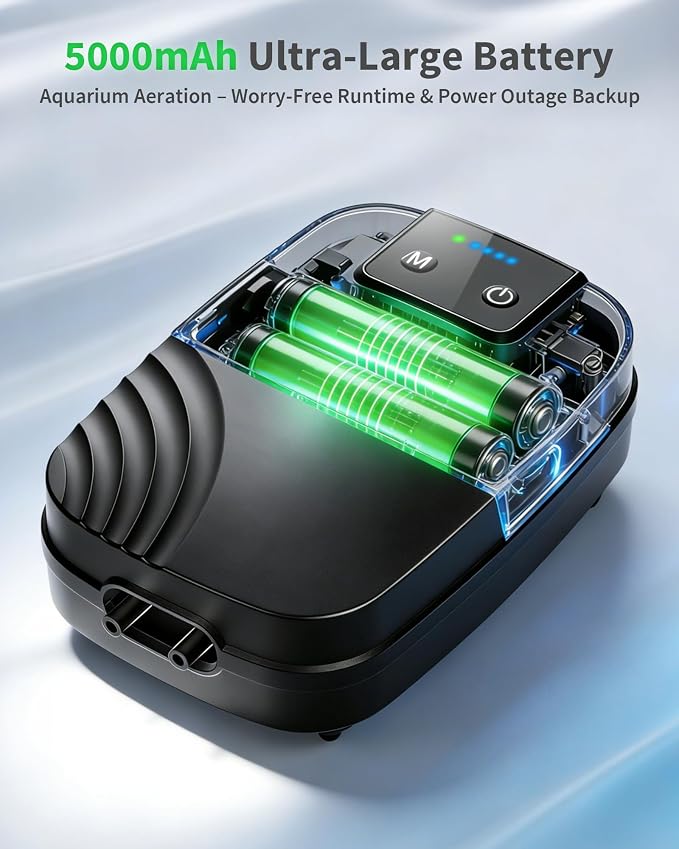 POPOSOAP 7.5W Aquarium Air Pump with Built-in 5000mAh Backup Battery, Dual Outlet Ultra Quiet Fish Tank Air Pump, 3 Modes Electric Pond Aerator for Aquarium, Pond, Hydroponics Up to 100 Gallons P8075
