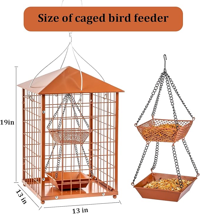 Mealworms Bird Feeders for Bluebirds - Metal - Huge Caged Squirrel-Proof Bird Feeders with 2 Cups, DIY Wild Bird Feeders Outdoor Hanging (Brown), Attract Wild Birds, 2lbs Seed Capacity+1 Mealworms Cup