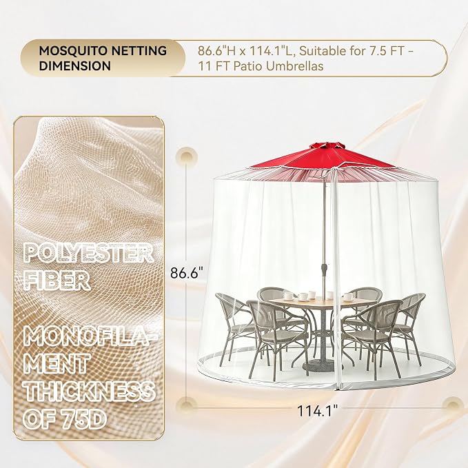 9-11 FT Outdoor Mosquito Netting for Patio, Windproof Universal Umbrella Mosquito Net for Patio Garden Backyards, Polyester Mesh Outdoor Umbrella Screen with Zipper (White)