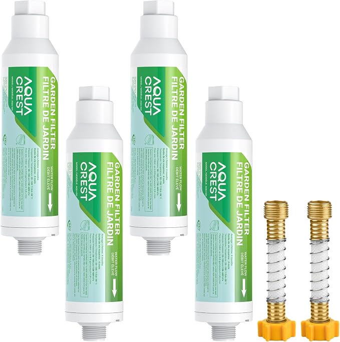 AQUA CREST Garden Hose Water Filter for Plants, Greatly Reduces Chlorine, Odor, Improve Plants Health, Ideal for Organic Gardening, Farming and Pets, 4 Pack with 2 Hose Protector