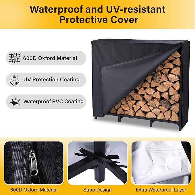 TC-HOMENY Log Rack with Cover Outdoor and Zipper, Waterproof Windproof Sun-Proof Fire Wood Storage Racks Indoor Outdoor Wood Racks for Fire Wood Holder