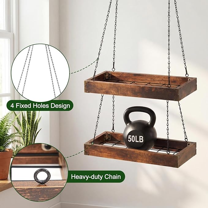 3 Tier 16" Hanging Plant Window Shelf Large Hanging Plant Holder Wood Frame Metal Chain Floating Wall Flowerpot Organizer Storage for Herbs Microgreens Succulents Balcony Living Room