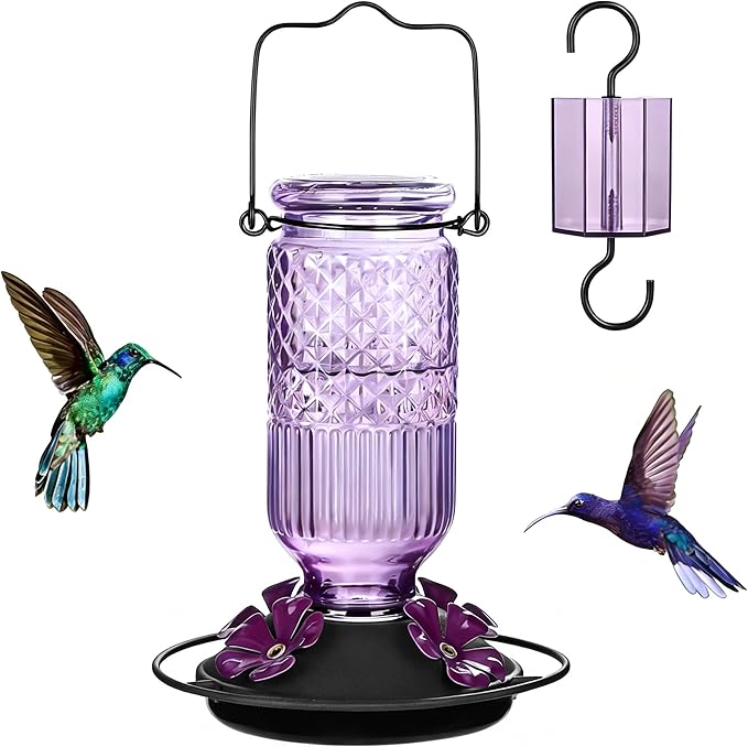 FEED GARDEN Glass Hummingbird Feeder 16 oz Hanging Outdoor Feeder with Bee-Proof Ports, Ant Moat, Leakproof, Easy to Clean & Refill, 360° Perch, Purple