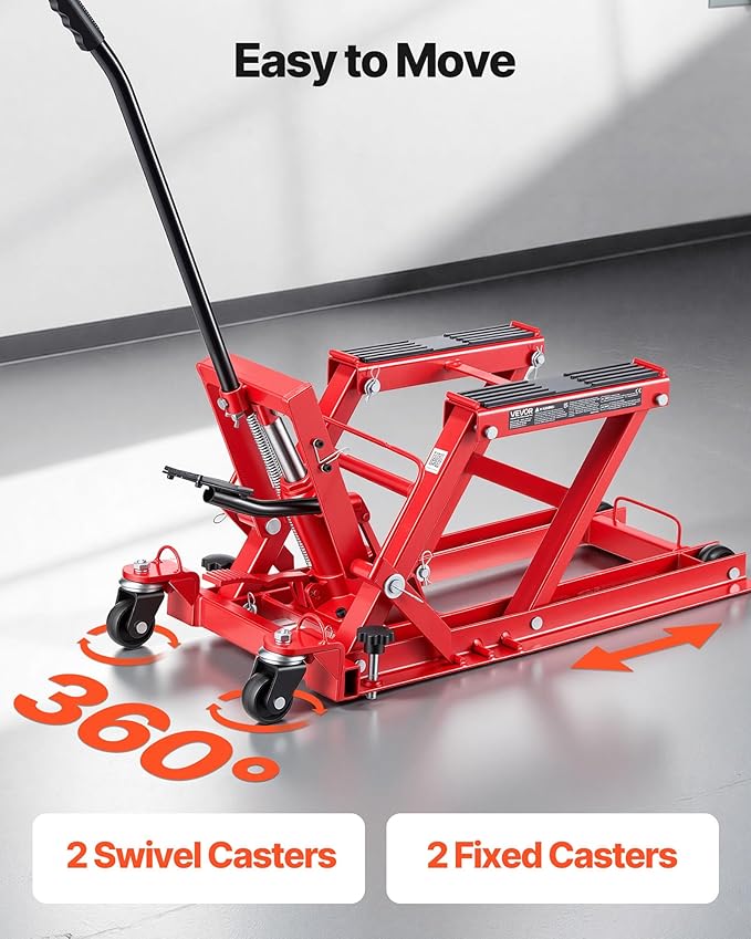 VEVOR Hydraulic Motorcycle Lift Jack, 1500 lbs Capacity, ATV Lift Jack Portable Motorcycle Hoist Stand with 4 Wheels, 4.5"-15.2" Height Range, Hydraulic Foot-Operated Hoist Stand for ATVs, Dirt Bikes