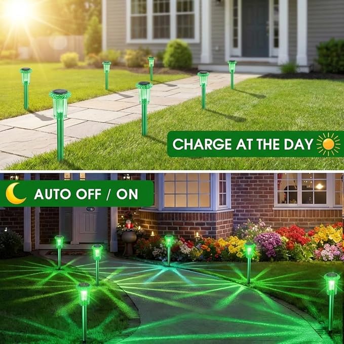 Eyrosa Solar Outdoor Lights, St Patricks Day 10 Pack Solar Pathway Lights Outdoor Waterproof, Stainless Steel Stake Lighting for Garden Yard Path Walkway Driveway Patio Lawn Outside Décor,Green
