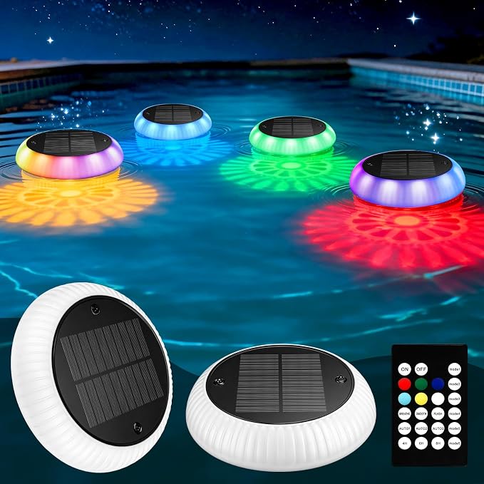 Yogaret Floating Pool Lights Solar-Powered - 4pack 6.42 Inches RGB Upper& Lower Color Changing Solar Pool Lights, IP68 Waterproof Swimming Pools Light for Party Decor, Pond, Garden