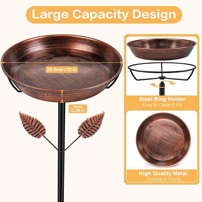 Metal Bird Bath for Outside, Freestanding Bird Baths with Removable Bowl, Birdbath & Bird Feeder with Upgraded Stable Stake for Garden Patio Yard Lawn (Vintage Brown, Leaf)