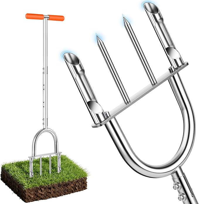 Manual Core Aerator Lawn Tool -2 Half-Open Hollow Slot Tines and 2 Spike Heavy Duty Grass Aeration Tool，Semi-Assembled Lawn Aerator for Lawn、Yard Plug Aerator for Lawn Care Compacted Soil-Orange