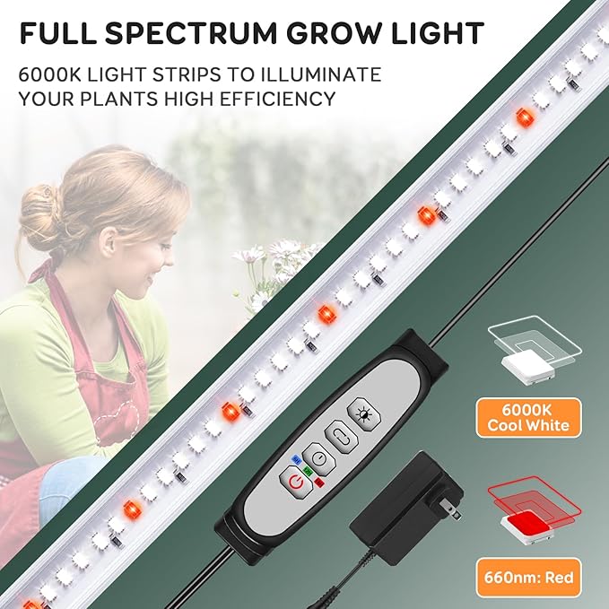 SDOVUERC 4 Bars Grow Light Strips for Indoor Plants with Auto ON/Off Timer 6/12/18H, 5 Dimmable Levels for Shelves Plant Growing(Pack 1)