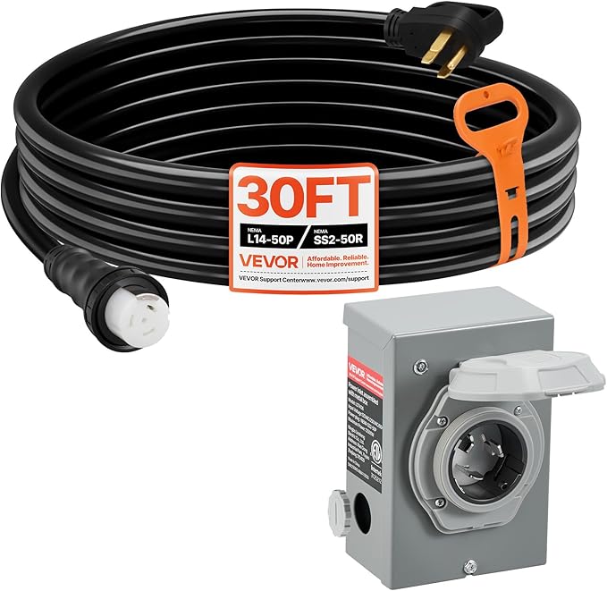 VEVOR 50 Amp Generator Cord and Power Inlet Box, 30FT, 125V/250V STW 6/3 + 8/1 AWG Extension Power Cord, NEMA 14-50P to SS2-50R, Twist Lock Connector, Inlet Box Kit, for Generator to House, ETL Listed