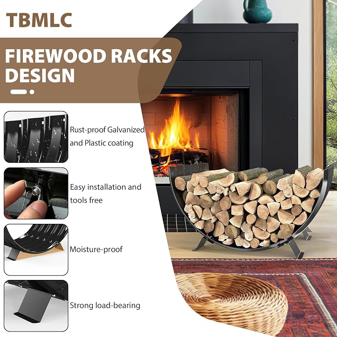TBMLC 24 inch Diameter Semicircle Firewood Rack Storage -0.8MM Thick Galvanized Steel with Wave Pattern & 4 Stable Feet, Black Coated for Indoor/Outdoor Wood Storage (2FT Diameter)