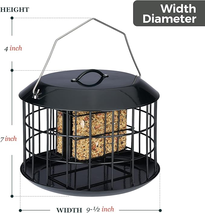 Kingsyard Squirrel Proof Suet Feeder, Cage Bird Feeders for Outdoors Hanging, All Metal, Double Suet Cake Capacity, Tray & Weatherproof, Black