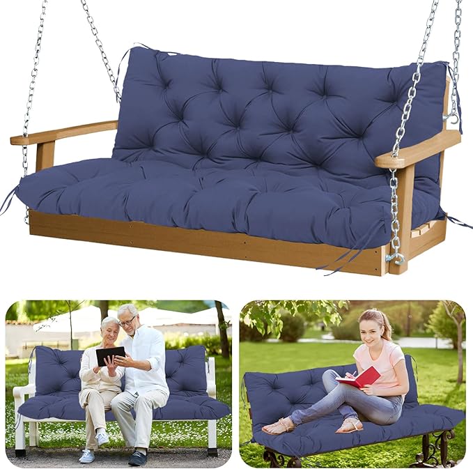 Porch Swing Cushions Outdoor 40x40 inch Waterproof Extra Thick 5" Swing Cushions Replacement with Backrest and Ties for Outdoor Furniture Porch Patio Garden Lawn (Navy Blue)
