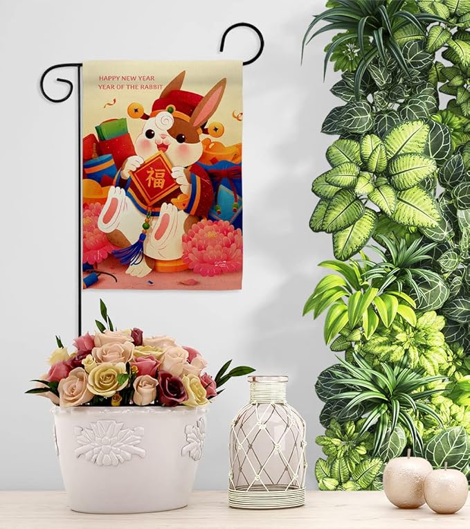 Luck Rabbit Year Garden Flag Home Decor Banner Wall Art Patio Lawn Front Porch Room Decorations Small Outdoor Tapestry Yard Sign Lunar New Year Gifts Spring Festival Chinese Decorations Made In USA