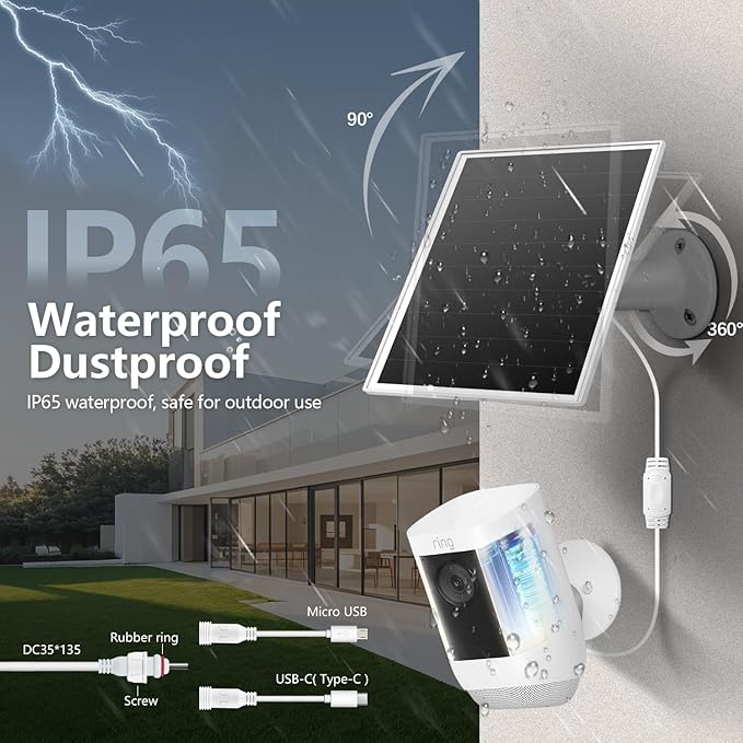 6W Solar Panel Charger for Outdoor Security Cameras. Micro USB/USB - C/DC (35 * 135) Fits Eufy/Wyze/Ring Camera, 9.8ft Cable,Waterproof Stabilization System for Battery Protection Fast Charging