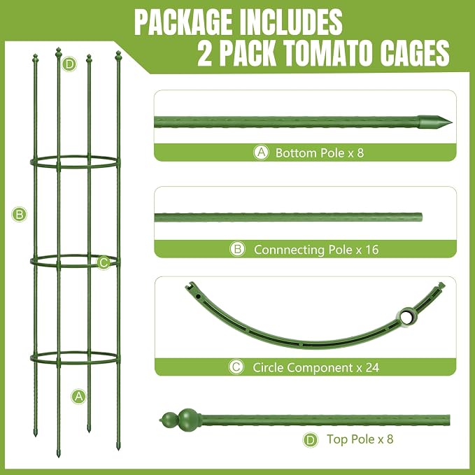Joyhalo 2 Pack 65 Inch Tomato Cages for Garden, Upgraded Larger Size Heavy Duty Tomato Cage, Height Adjustable Tomatoes Trellis for Climbing Plants Vegetables Flowers Cucumber Peony