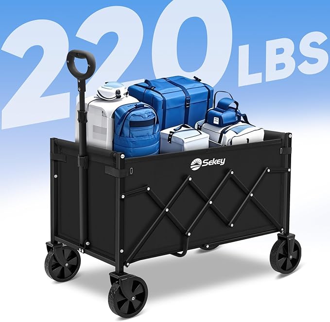 Sekey Wagon Cart with Wheels with 220LBS Capacity,Heavy Duty Wagon Carts Foldable,Lightweight Utility Portable Cart for Grocery, Shopping, Garden, Camping. Black
