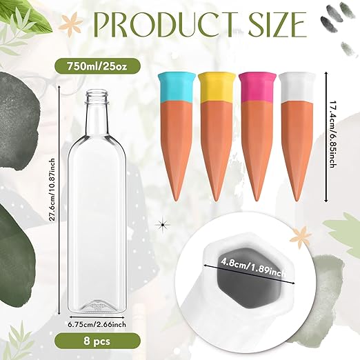 Ziliny 8 Pack Terracotta Watering Spikes Devices, Plant Self Watering Spikes with 25 oz Plastic Wine Bottles, Slow Release Vacation Insert Plant Waterer Devices for Indoor Outdoor