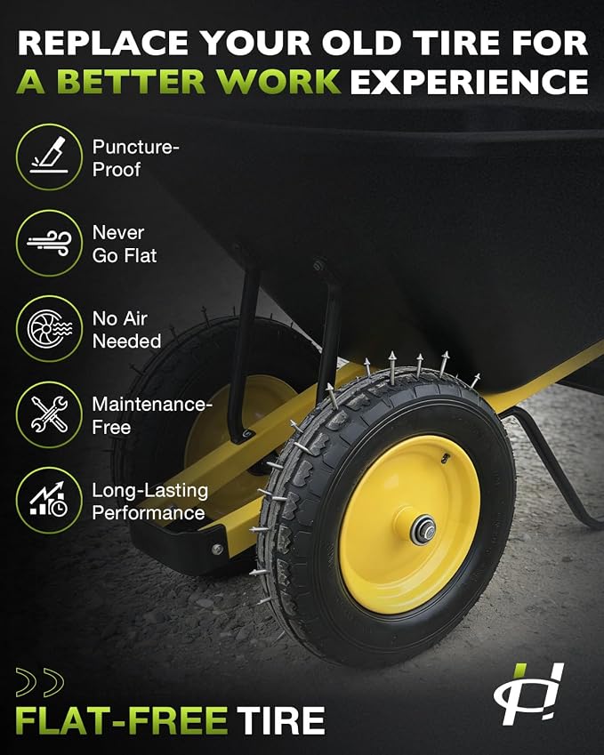 4.80/4.00-8 wheelbarrow tire, 16" Flat Free Solid Tire and Wheel, 3" Centered Hub, 5/8" & 3/4" Bearings, Universal Replacement for Garden Carts Wagon Wheel Barrow, 2 Pack