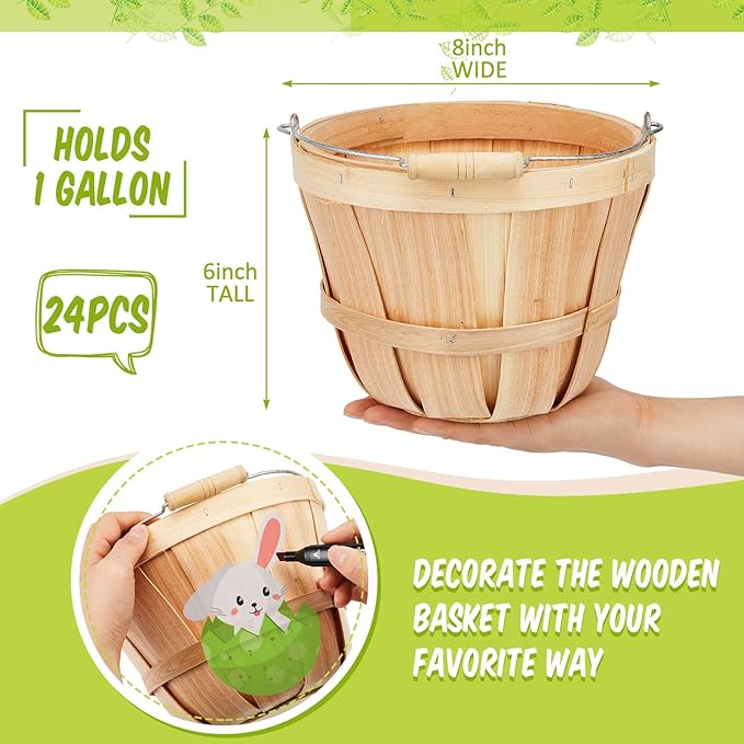 Marsui 24 Pcs Round Wooden Berry Baskets Small Bushel with Handles for Gifts Empty Basket Fruit Buckets for Picking Strawberry Fruits Flowers Crafts Home Wedding (Natural Wood)