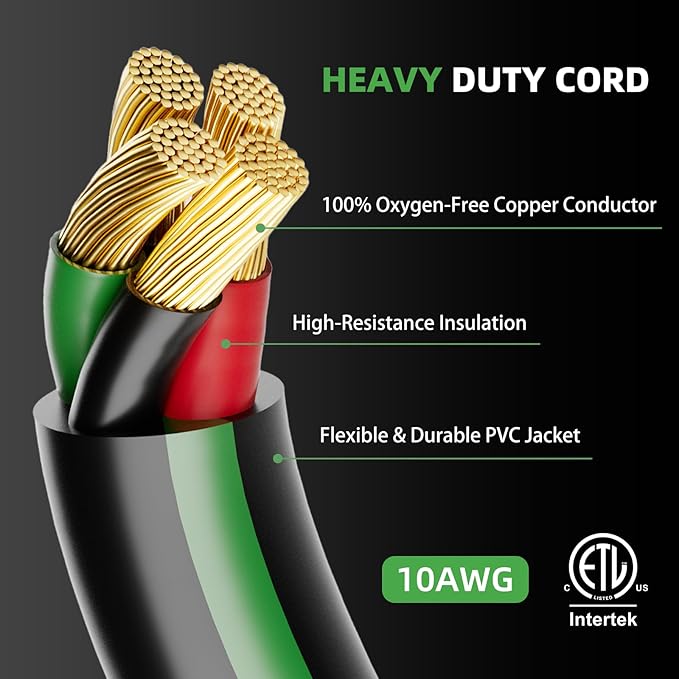 4 Prong 30 Amp Extension Generator Cord 40FT, NEMA L14-30P/L14-30R, 125/250 Volt Up to 7500 Watts, 10 Gauge SJTW Twist Lock Power Cord for Manual Transfer Switch, Black&Green, ETL Listed