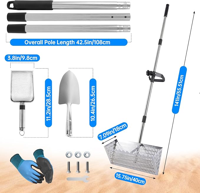Sand Flea Rake，Detachable Long Handle Sand Sifter with Stainless Steel Sand Scoop Shark Tooth Sifter and Beach gloves with 16-Inch-Wide Drainage Mesh for Finding Fleas,Shells Shark Teeth,Yard Cleaning