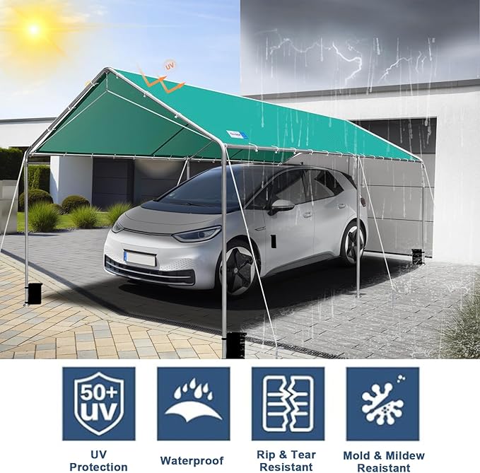 Carport Canopy 10'x20' Heavy Duty Carport, Waterproof & UV Protected Garage Top Tarp Shelter Cover with Reinforced Steel Cables, Outdoor Portable Garage for Car, Boat Tent, Green