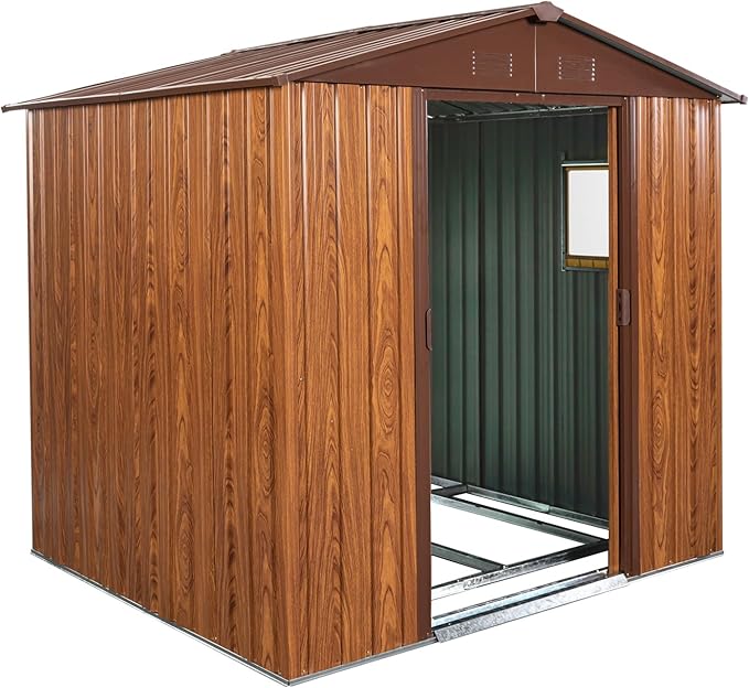 Outdoor Metal Storage Shed 6FT x 6FT, Galvanized Steel Frame Garden Shed, Sliding Lockable Doors, 4 Vent System, Weather-Resistant Metal Storage House with Foundation Kit, Shelf & Hooks, Coffee