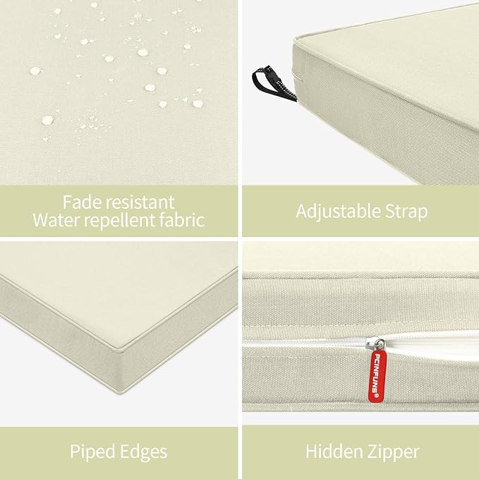 Patio Chair Cushions 24x24 Inch, Water Repellent Outdoor Seat Cushions with Adjustable Straps, Fade Resistant Replacement Cushions for Garden Deck Sofa Couch, Set of 2, Beige