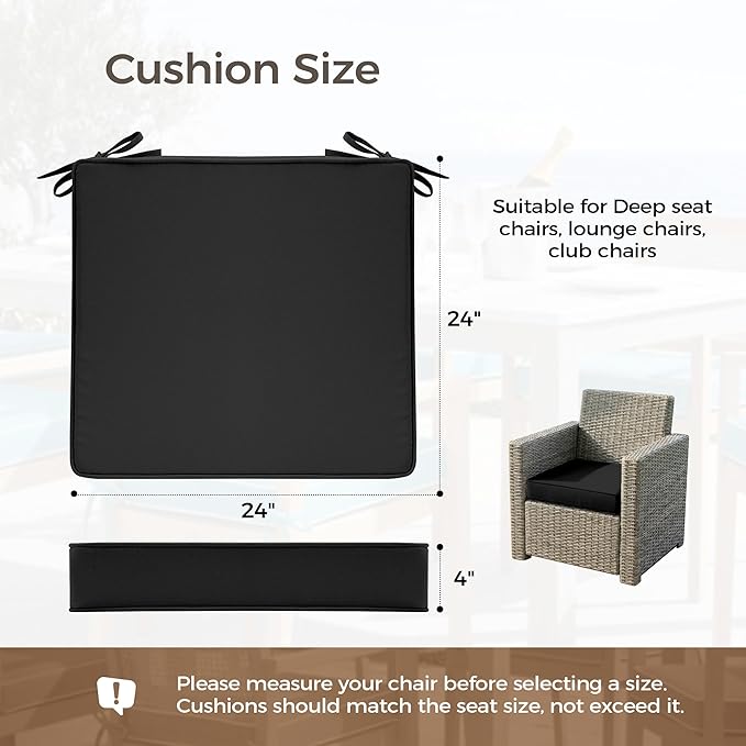 UNIKOME Outdoor Chair Cushions Set of 4, Water Resistant Patio Seat Cushions with Ties for Outdoor Furniture, High-Density Foam, UV & Fade Resistant, Piped Edge – 24" x 24" x 4", Black