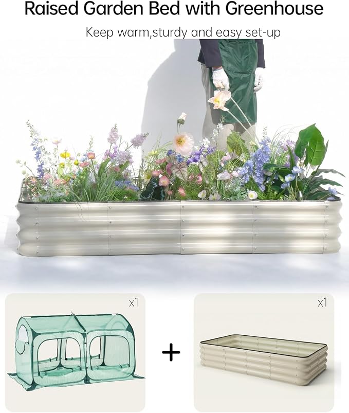 PORAYHUT All-in-One Raised Garden Bed and Greenhouse Kit,Metal Outdoor Planter Box with Pop up Tunnel Greenhouse Cover ,Vegetables, Flowers for Cold Frost Protector (8X4 FT)
