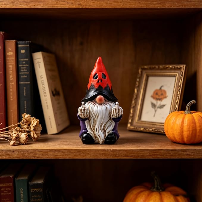 Halloween Middle Finger Gnome Statue with Skeleton Hands - Spooky Ghost Face Hat Resin Figurine 3.5in, Weather Resistant Indoor Outdoor Decor for Patio Yard Halloween Party, Novelty Edgy Gift