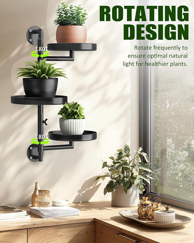 joyhalo Rotating Plant Wall Shelf 2 Pack Set, 3-Tier Window Plants Stand, 180° Rotating Wall Mounted Holder, Plants Windows Shelf, Indoor Plant Shelves for Multiple Plants