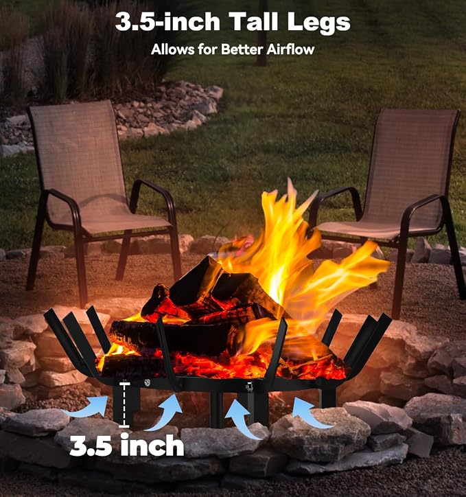 Mondazie 24 Inch Round Fire Pit Grate with 10 Bars for Firepit, Heavy Duty Firewood Log Burning Rack Holder for Fireplace Hearth Wood Stove and Outdoor Campfire, Black