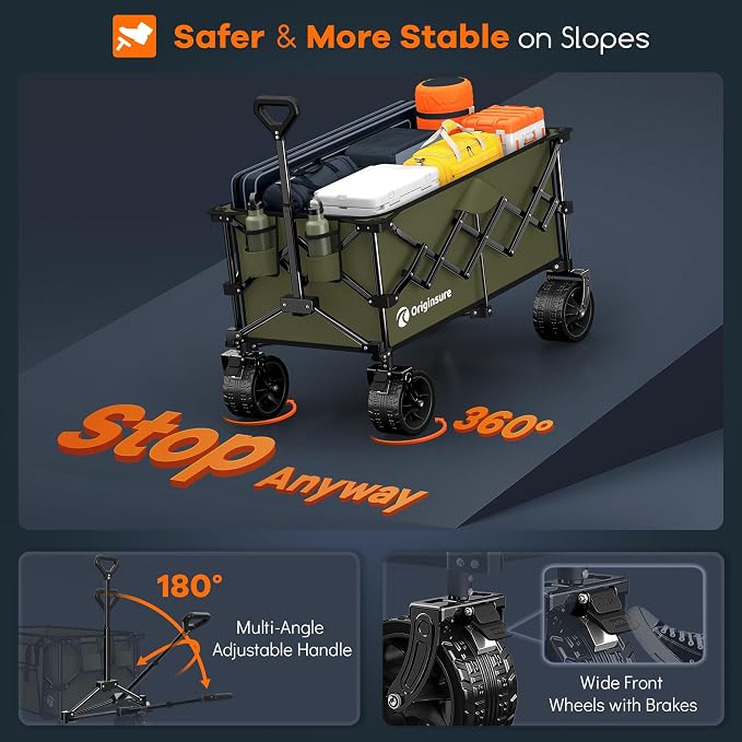 Originsure 220L Collapsible Wagon Cart Foldable, 460lbs Load Capacity Heavy Duty Folding Beach Wagons with Big All-Terrain Wheels, Utility Carts for Groceries, Shopping, Camping, Sports - Green