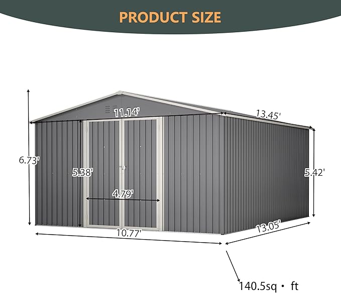 YOPTO 11x13 FT Outdoor Storage Shed,Heavy Duty Metal Shed W/Floor Frame,Garden Shed W/ 4 Air Vents & Sloped Roof,for Backyard,Patio,Lawn,Gray