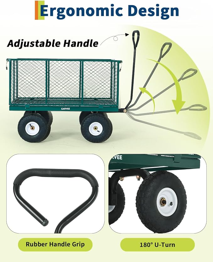 Garvee Versatile Outdoor Utility Cart-800LBS Heavy-Duty, 10" All-Terrain Pneumatic Tires, Easy Maneuverable Lawn Cart with Removable Mesh Panels for Gardening&Landscaping, Green, with Waterproof Liner