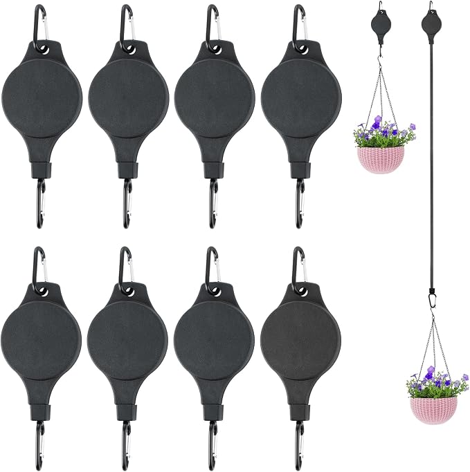 YAYODS 8 Pack Retractable Plant Hanger Heavy Duty Plant Pulleys for Hanging Plants, Adjustable Plant Hanger Pull Down Hook for Garden Baskets Pots,Birds Feeder and Grow Lights, Black