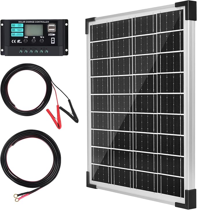TBER Solar Panel Kit 20W 12V, Solar Battery Charger with 10A Charge Controller and Extension Cables with Battery Clips O-Ring Terminal for Car Motorcycle RV Marine Boat Camper Other Off Grid System