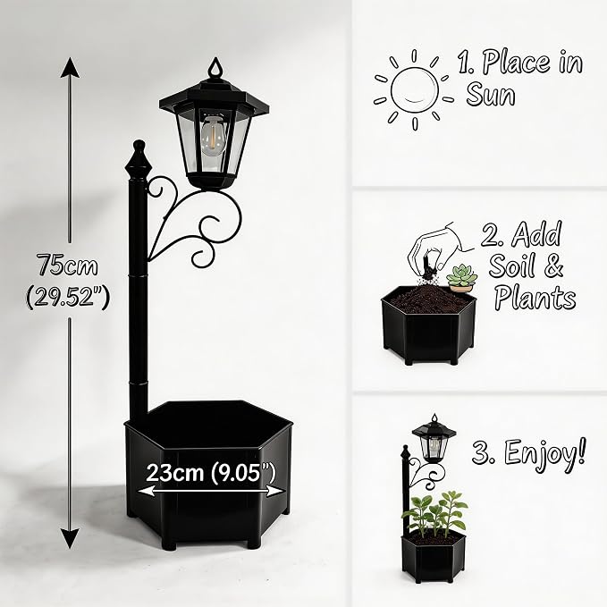 2 Pack Solar Floor Lamps with Planter (2-in-1 Design), 29.5" Outdoor LED Garden Lights - IP44 Waterproof, Warm White Auto-On at Dusk, Easy Install for Lawn, Patio, Porch, Yard & Pathway Decor