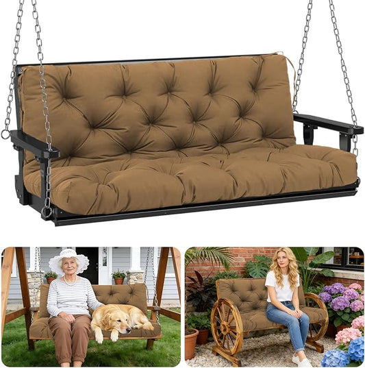 Porch Swing Cushions Outdoor 60 inch x 40 Waterproof Swing Cushions 3 Seater Replacement with Backrest & 8 Ties 5" Thick Bench Swing Cushions for Outdoor Furniture Patio(Brown)