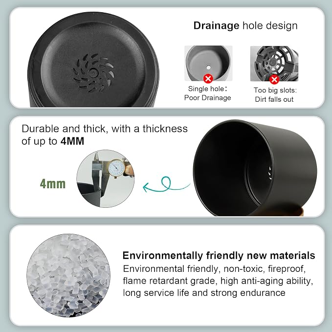 WSMKSZ 5 Pack Cylindrical Flower Pots with 7/6.5/6/5/4 inch, Modern Small Plastic Plant Pots with Drainage Holes & Saucers, Round Planter Pots for Outdoor, Indoor & Office Decor (Black Brown)