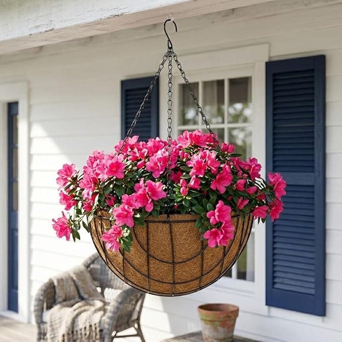 14 Inch Metal Hanging Basket with Coco Coir Liner for Flowers Planting, 4 Pack Hanging Baskets for Plants Outdoor, Mesh Grid Round Wire Planters with Chain for Home Patio Porch Balcony Garden Decor