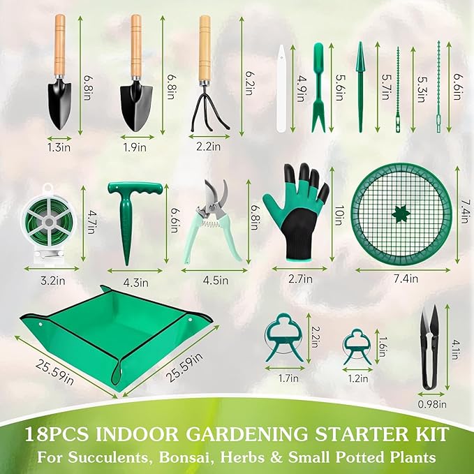 Gardening Tool Set, 18PCS Bonsai Tool Set for Succulents, Herbs & Indoor Plants, Mini Garden Tools with Repotting Mat, Gloves, Pruner, Plant Ties & Labels, Garden Starter Kit for Beginners