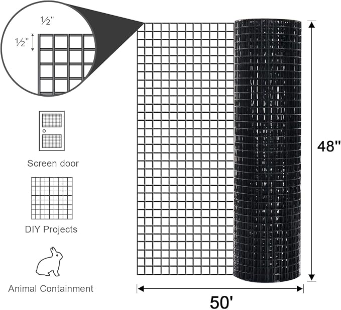 48'' x 50' 1/2inch Hardware Cloth 19 Gauge Black Vinyl Coated Welded Fence Mesh for Home and Garden Fence and Home Improvement Project