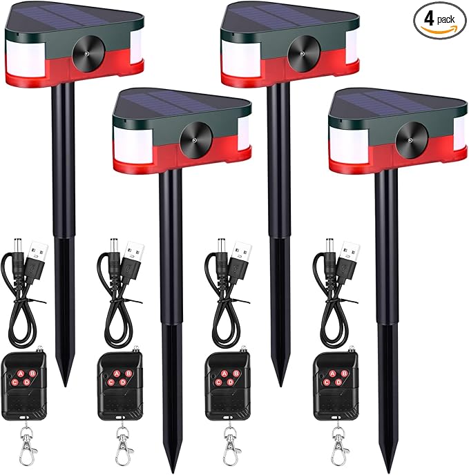 Qualirey 4 Pack 360° Solar Outdoor Motion Sensor Alarm 4 Modes Ultrasonic Animal Deterrent with 3 Loud 129dB Sirens Flashing Light Remote Control for Yard Garden Farm Repel Deer Coyote Raccoon Dog