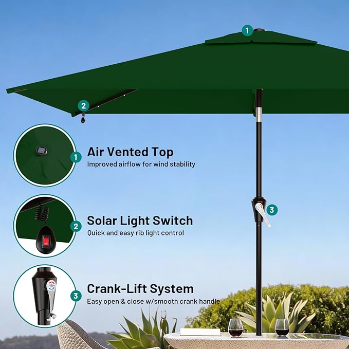 AreShark 6.5' x 10' Rectangular Patio Umbrella with Solar Lights, Solar Powered Lighted Market Umbrella w/Tilt and Crank, Outdoor Table Umbrella for Garden, Deck, Backyard, Pool, Dark Green
