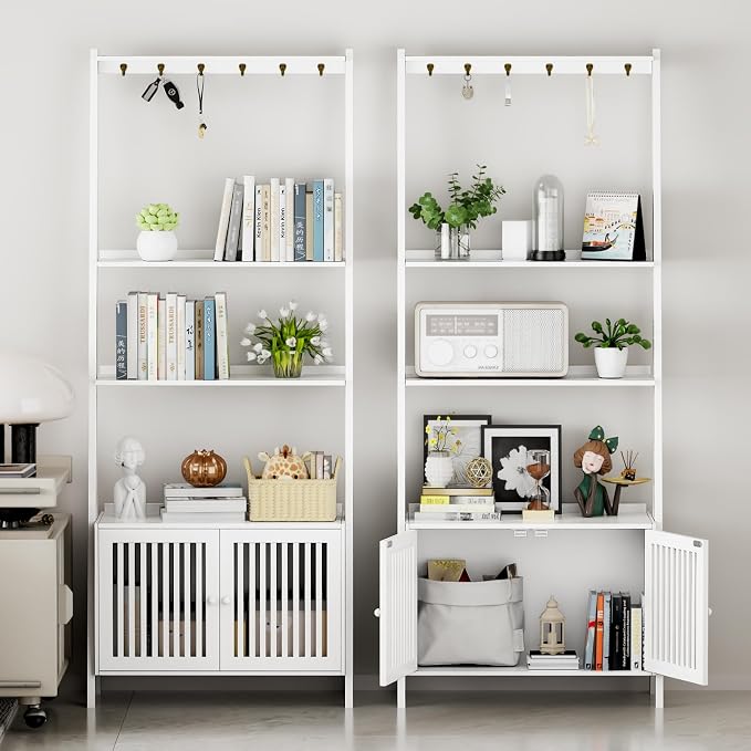 Bookcase with Drawers, 4-Tier Bamboo Bookshelf Ladder Shelf with 6 Hooks, 59.5"H x 24.8"L x 10.6"W, Tall Narrow Freestanding Standing Storage Organizer for Living Room, Office, Bedroom, White