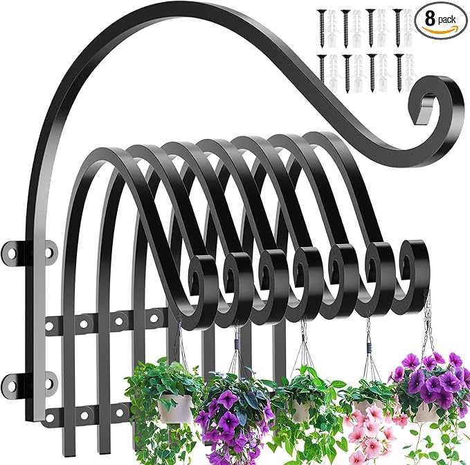 8Pack Heavy Duty Plant Hanger Bracket, 16Inch Hanging Brackets for Plants Outdoor and Indoor, 80lbs Holding Capacity Metal Plant Wall Hooks, Black Hanging Plant Brackets for Flower Wind Bird Feeder