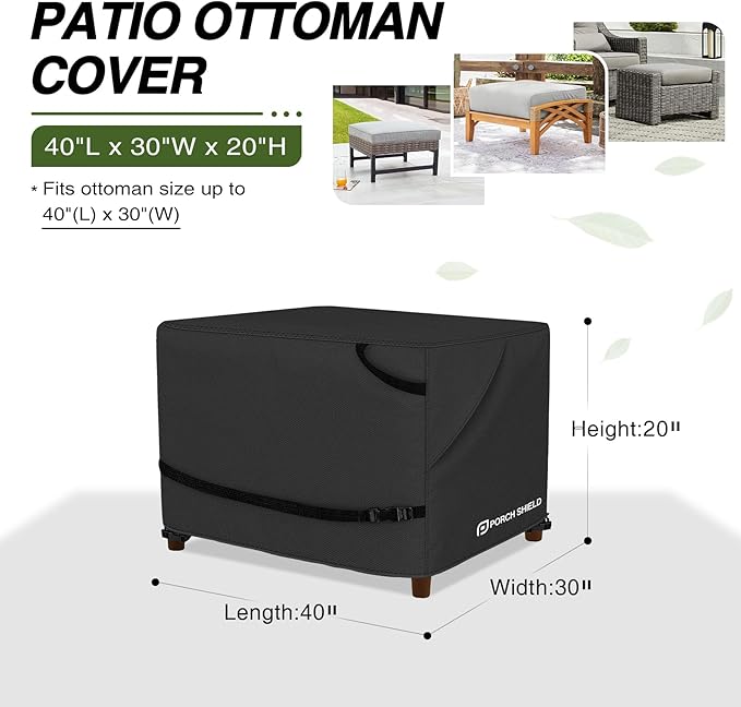 Porch Shield Patio Ottoman Cover - Waterproof Outdoor Rectangular Side Table Covers – 40L x 30W x 20H inch, Black